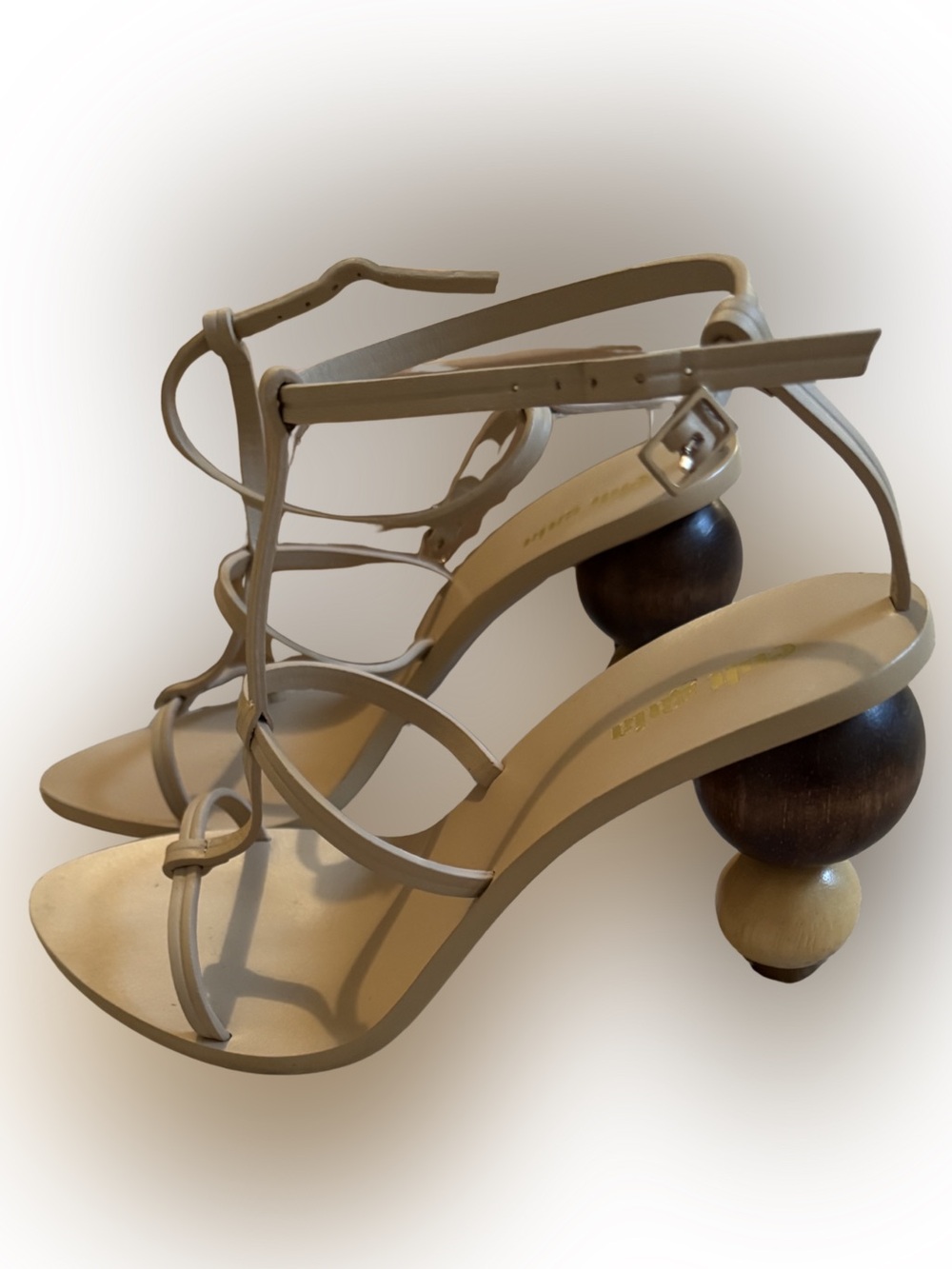 Cult Gaia Eden Heels- beige strappy sandals with sculptural wooden ball heel